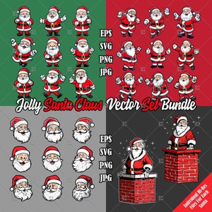 4 ensembles de père Noël vectoriel - téléchargement numérique de dessin animé ensemble père Noël - dessin animé mignon, danse, visages et cheminée - svg - eps - png - jpg