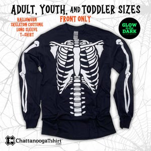 Front Only Skeleton Halloween Costume Long Sleeve T-Shirt Glow in the Dark Spooky Party Tee. Skeleton Torso Bones go white to glowing.