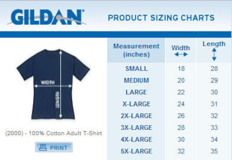 Puede incluir: Una tabla de tallas para camisetas para adultos Gildan, que muestra las medidas de ancho y largo en pulgadas para las tallas small a 5X-large. La tabla est&aacute; etiquetada como "Product Sizing Charts".