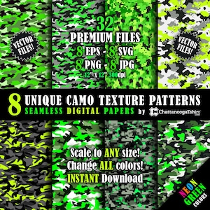 Pack vectoriel sans couture de motif de texture camouflage vert fluo et fichiers papier numérique camouflage haute résolution en mosaïque répétitif (eps, svg, png, jpg)