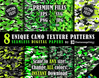 Seamless Neon Green Camo Texture Pattern Vector Pack and Repeating Tiled Hi-Resolution Camouflage Digital Paper Files (eps, svg, png, jpg)