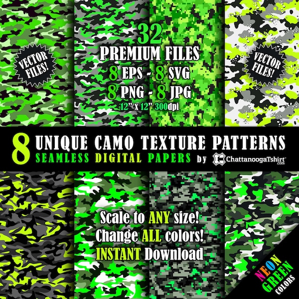 Seamless Neon Green Camo Texture Pattern Vector Pack and Repeating Tiled Hi-Resolution Camouflage Digital Paper Files (eps, svg, png, jpg)