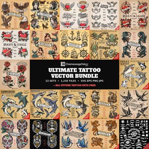 May include: A digital collection of tattoo designs featuring eagles, hearts, mermaids, nautical elements, octopuses, panthers, roses, sharks, snakes, skulls, and swallows. The central text reads Ultimate Tattoo Vector Bundle 22 Sets 1,235 Files.