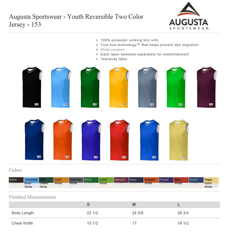 Augusta 153 Youth Custom Reversible Basketball V Neck Jersey  Personalized Team Name and Number.   Custom Text for Men, Women, Youth - Many Colors. 1 and 2 color Vinyl options