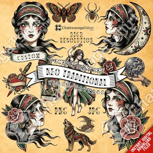 Puede incluir: Una colección de flash de tatuajes neo-tradicionales con caras de mujer, una mariposa, una araña, una luna creciente, una bola de cristal, una rosa, un lobo y una bailarina. El texto incluye "Custom", "Vector Art Set", "Neo Traditional" y "Flash Tattoos".