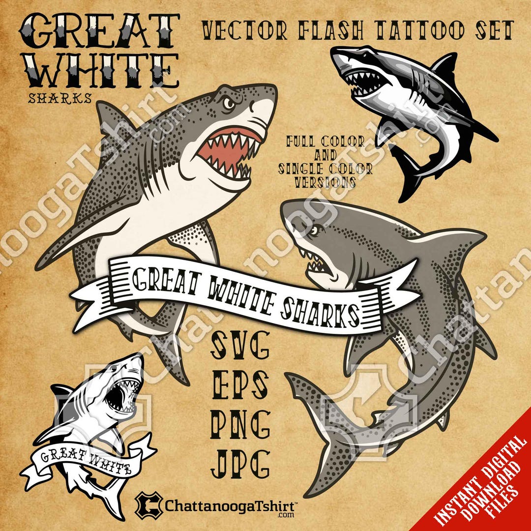 Great White Shark Tattoo Vector Set - Traditional Old School Sharks ...