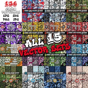 TODOS los 136 patrones vectoriales de camuflaje sin costuras en 15 conjuntos de papeles digitales con textura de camuflaje