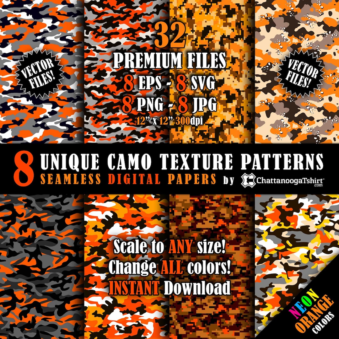 Seamless Neon Orange Camo Texture Pattern Vector Pack & Repeating  Hi-resolution Bright Orange Camouflage Digital Paper eps, Svg, Png, Jpg 