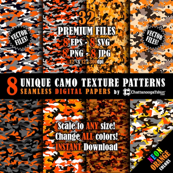 Naadloze Neon Oranje Camo Textuur Patroon Vector Pack & Herhalende Hi-Resolutie Helder Oranje Camouflage Digitaal Papier (eps, svg, png, jpg)