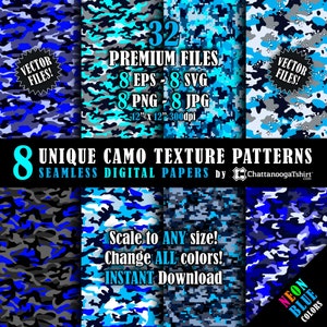 Seamless Neon Blue Camo Texture Pattern Vector Pack & Repeating Tile Hi-Resolution Bright Blue Camouflage Digital Paper (eps, svg, png, jpg)