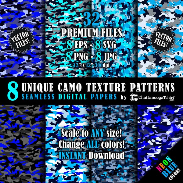 Seamless Neon Blue Camo Texture Pattern Vector Pack & Repeating Tile Hi-Resolution Bright Blue Camouflage Digital Paper (eps, svg, png, jpg)