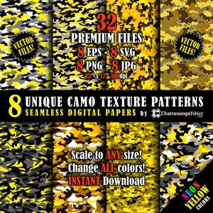 Seamless Neon YELLOW Camo Texture Pattern Vector Pack & Tiling Hi-Res Bright Yellow Gold Camouflage Digital Paper (eps, svg, png, jpg)