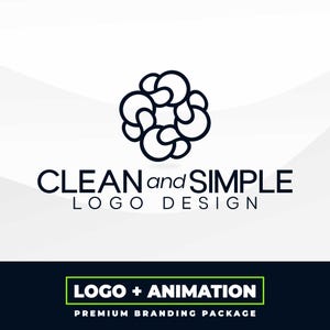 May include: A black and white logo design with the text "CLEAN and SIMPLE LOGO DESIGN" below it. The logo is a stylized abstract design of a flower or a circle.