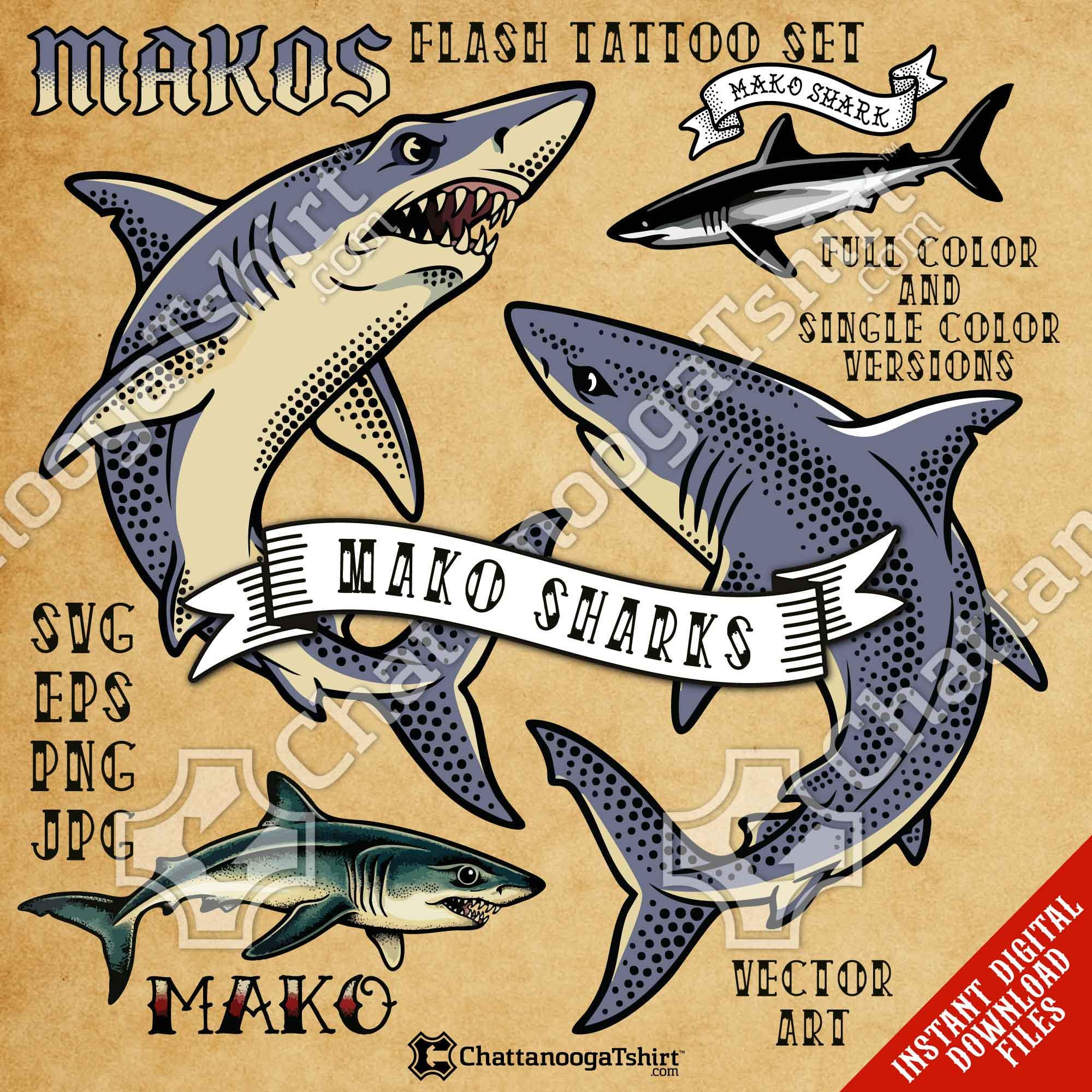 Mako Shark Tattoo Vector Set - Traditional Old School Sharks Flash ...