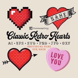 May include: Four retro heart designs in red and pink. A pixelated heart, a heart with a banner that says "NAME", a heart with an arrow through it, and a candy heart that says "LOVE YOU".