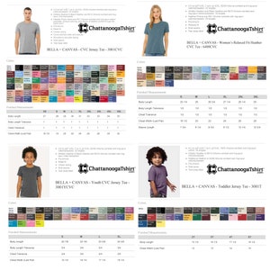May include: A chart showing the color options and size measurements for Bella + Canvas CVC Jersey Tees. The chart includes a variety of colors, including black, white, heather grey, navy, red, and pink. The size measurements are listed in inches for XS, S, M, L, XL, 2XL, 3XL, 4XL, and 5XL.