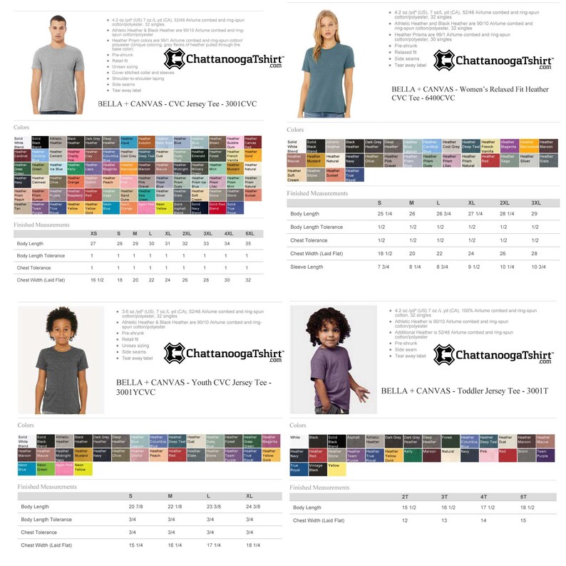 May include: A chart showing the color options and size measurements for Bella + Canvas CVC Jersey Tees. The chart includes a variety of colors, including black, white, heather grey, navy, red, and pink. The size measurements are listed in inches for XS, S, M, L, XL, 2XL, 3XL, 4XL, and 5XL.