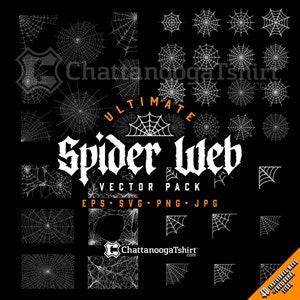 May include: A collection of 40 vector spider web designs in black and white. The designs include various shapes and sizes of spider webs, including full webs, corners, and partial webs. The text "ULTIMATE SPIDER WEB VECTOR PACK EPS SVG PNG JPG" is displayed in a white gothic font.