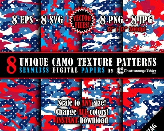 Seamless July 4th USA Flag Colors Camo Texture Pattern Vector Pack - Repeating Tile Camouflage Digital Paper Files (eps, svg, png, jpg)