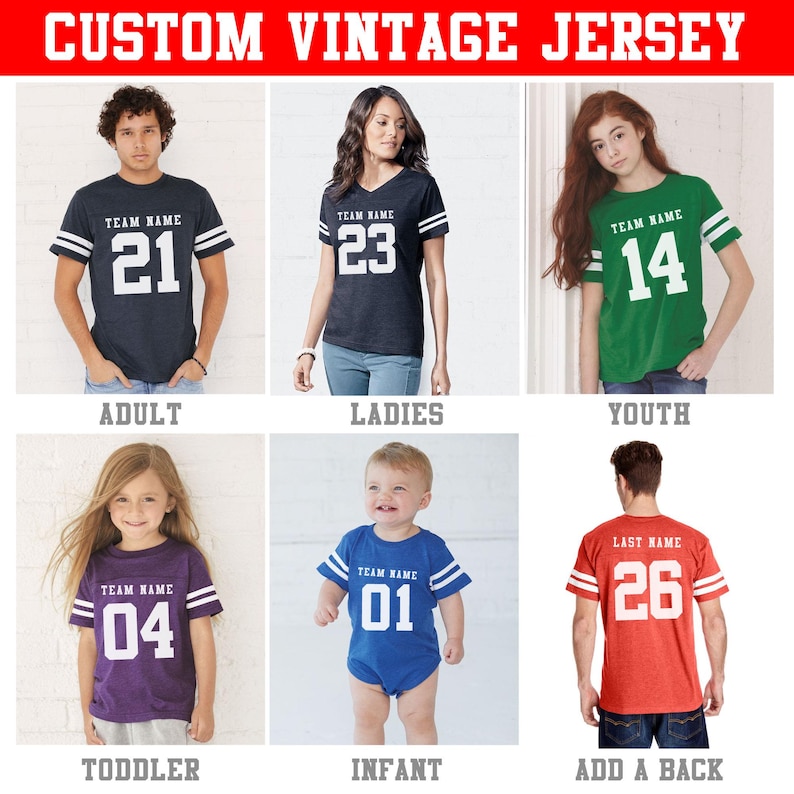Custom Vintage Football Jersey T-Shirts – Personalize Name, Number & Team Design – Family Matching Retro Fan Tee in All Kids and Adult Sizes