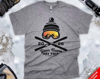 Custom Family Skiing Trip Crossed Ski T-Shirts for 2026 Vacation, Personalized Matching Group Shirts