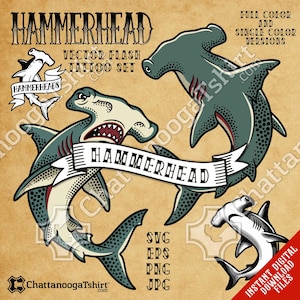 May include: A digital tattoo set featuring hammerhead shark designs in full color and single color versions. The designs include the word "HAMMERHEAD" in a banner and the text "VECTOR FLASH TATTOO SET". The image also includes file type information.