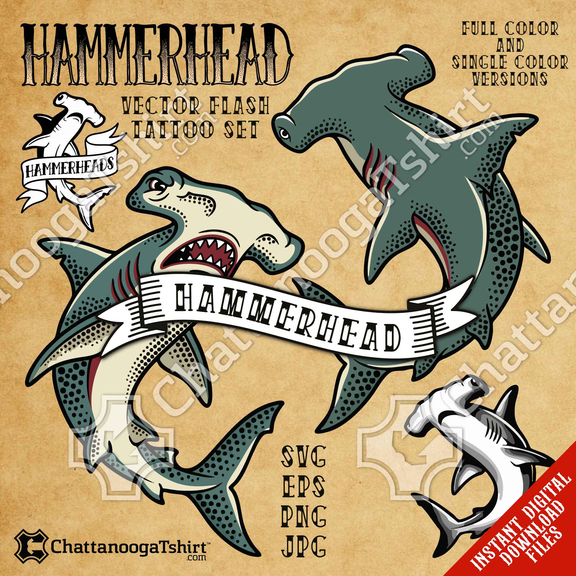 Hammerhead Shark Tattoo Vector Set - Traditional Old School Sharks