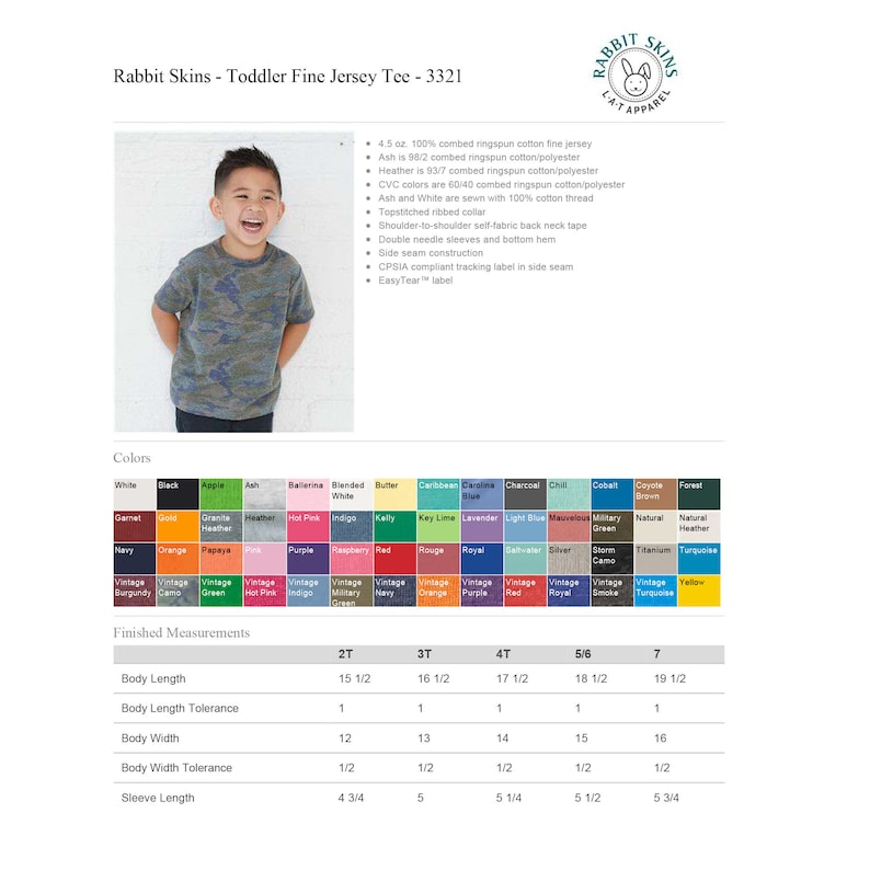 May include: A toddler wearing a camouflage print t-shirt, standing in front of a white background. The image includes a color chart and size chart for a toddler fine jersey tee. The text "Rabbit Skins - Toddler Fine Jersey Tee - 3321" is at the top of the image.