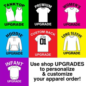 Op de afbeelding: Een grafiek met verschillende kledingupgrade-opties om bestellingen te personaliseren. De opties omvatten tanktop, premium t-shirt, dames t-shirt, hoodie, t-shirt met aangepaste achterkant, t-shirt met lange mouwen en baby onesie. De tekst "Gebruik shop UPGRADES om je kledingbestelling te personaliseren en aan te passen!" staat onderaan de grafiek.