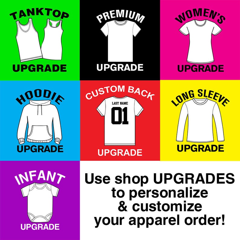 Op de afbeelding: Een grafiek met verschillende kledingupgrade-opties om bestellingen te personaliseren. De opties omvatten tanktop, premium t-shirt, dames t-shirt, hoodie, t-shirt met aangepaste achterkant, t-shirt met lange mouwen en baby onesie. De tekst "Gebruik shop UPGRADES om je kledingbestelling te personaliseren en aan te passen!" staat onderaan de grafiek.