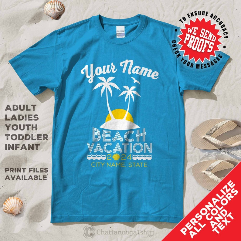 Custom Family Beach Vacation Shirts Personalize in Mens Womens Kids and Baby Sizes. Custom Family Beach Vacation Shirts 2024 with Personalized Group Name   Location  and Year. Matching Family and  Friends Summer Island T shirts