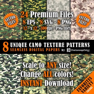 Seamless Favorites Camo Texture Pattern Vector Pack and Repeating Tiled Hi-Resolution Camouflage Digital Paper Files (eps, svg, png, jpg)