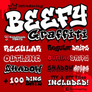 May include: A red graphic with the word "BEEFY" in large white graffiti-style letters. Below, "Graffiti" is written in black and white. The image advertises 7 handmade fonts, including "Regular," "Outline," and "Shadow."