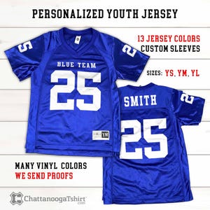 Personalized Youth Numbered Jersey with Custom Team Name, Last Name and Number. Football Kids Sports Jerseys in Youth S, M, L in Many Colors
