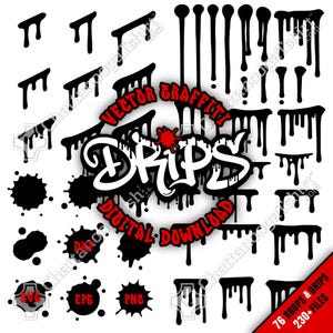 Może przedstawiać: Cyfrowe pobieranie grafiki z czarnymi kroplami i rozpryskami graffiti. Centralny projekt zawiera słowo "DRIPS" w stylizowanej czcionce, otoczone przez "VECTOR GRAFFITI DIGITAL DOWNLOAD". Zawiera 76 kropli i rozprysków, 230+ plików.
