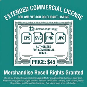 May include: A teal background with white text that reads "EXTENDED COMMERCIAL LICENSE" and "FOR ONE VECTOR OR CLIPART LISTING." A certificate design includes file type icons and the text "AUTHORIZED FOR COMMERCIAL RESELL." The price is $45. Text at the bottom reads "Merchandise Resell Rights Granted."
