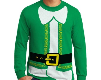 Green or Red Christmas Elf Costume Long Sleeve T-shirt (Available in All Sizes)