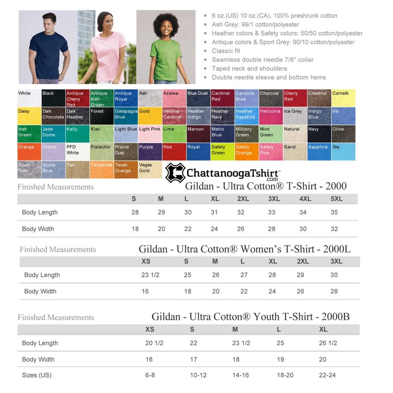May include: Size chart for Gildan Ultra Cotton T-shirts, showing measurements in inches for different sizes, including XS, S, M, L, XL, 2XL, 3XL, 4XL, and 5XL. The chart includes measurements for body length and body width.