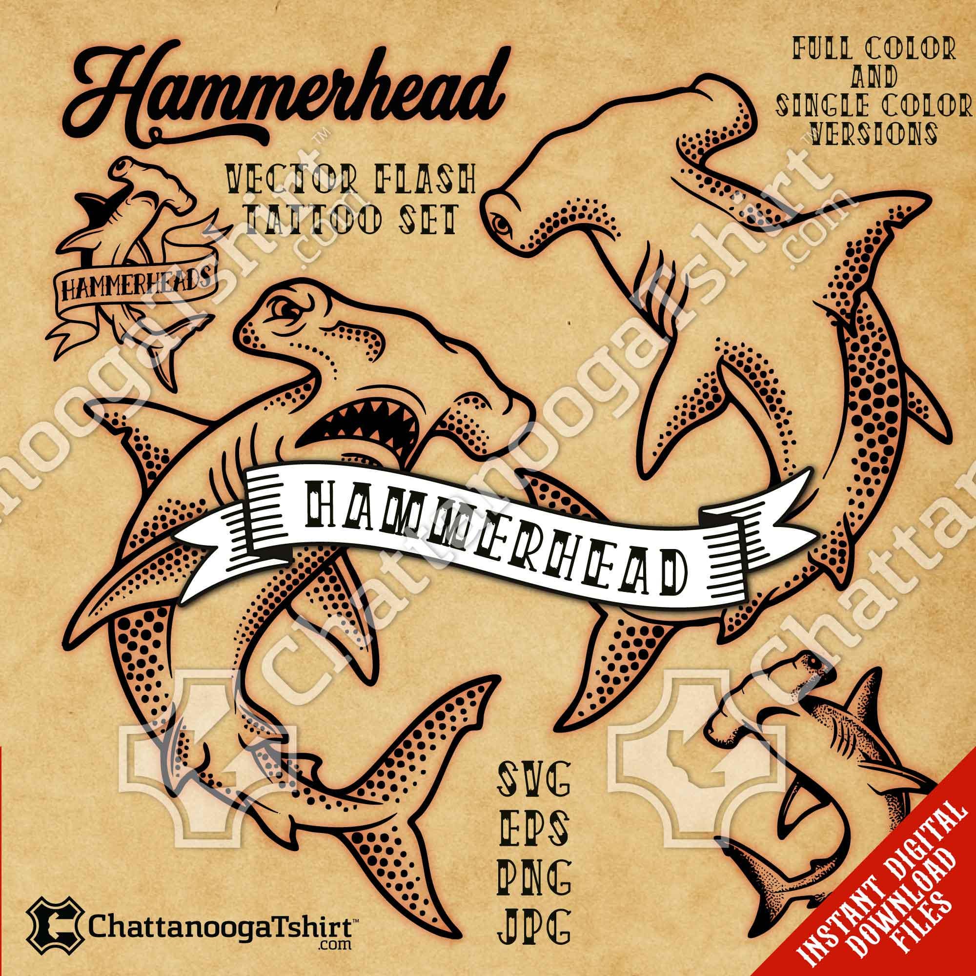 Hammerhead Shark Tattoo Vector Set - Traditional Old School Sharks