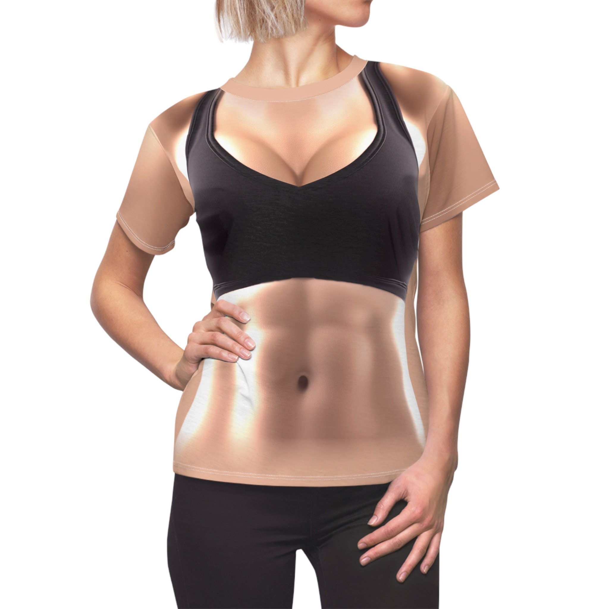 T shirt da donna realistica con bavaglio per addominali fitness esilarante stampa 3D perfetta sul corpo da spiaggia. Divertente abbigliamento da allenamento e da spiaggia sulla maglietta taglia e cuci...