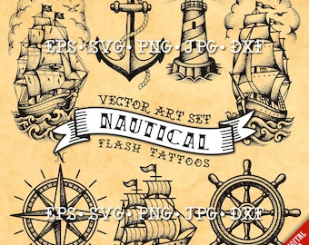 Conjunto de tatuajes vectoriales de barcos náuticos tradicionales: barco pirata, ancla, faro y brújula SVG.