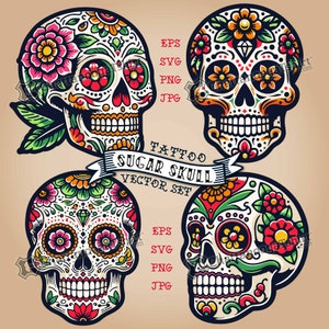 Sugar Skulls Vector Set - 4 Colorful and 4 Black & White Dia de los Muertos Sugar Skull Digital Download Transparent Background PNG and SVG