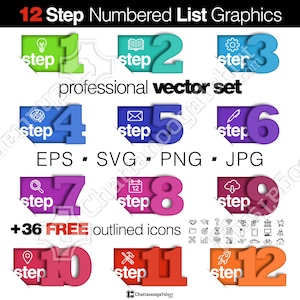 Peut inclure: Graphique avec une liste numérotée en 12 étapes sur fond blanc. Chaque étape est d'une couleur différente, avec des icônes et le mot "étape" inclus. Le texte "professional vector set" est au centre, avec des options de type de fichier en dessous.
