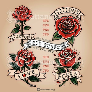 Könnte beinhalten: Vektor-Set mit vier Old-School-Tattoo-Designs mit roten Rosen. Jede Rose ist rot mit grünen Blättern und Stielen. Banner zeigen die Wörter "CUSTOM", "TATTOOS", "LOVE" und "ROSES". Der Text "RED ROSES VECTOR SET" ist ebenfalls enthalten.