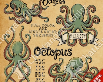 Octopus Tattoo Vector Set - Traditional Old School Sheet Kraken Flash Tattoos SVG Bundle Commercial