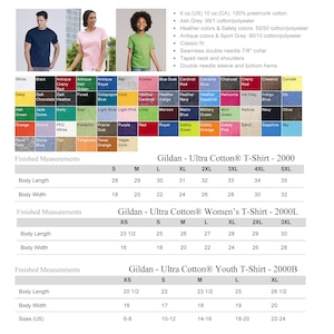 May include: A size chart for Gildan Ultra Cotton T-shirts, Women's T-shirts, and Youth T-shirts. The chart shows the measurements in inches for different sizes, including XS, S, M, L, XL, 2XL, 3XL, 4XL, and 5XL. The chart also includes the corresponding US sizes for youth T-shirts.