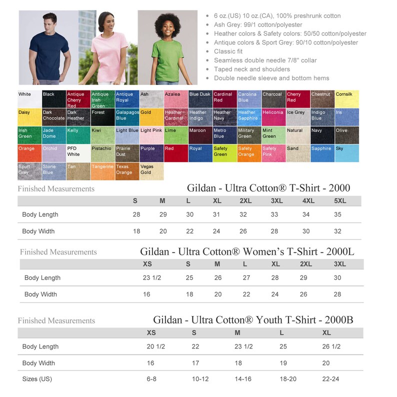 May include: A size chart for Gildan Ultra Cotton T-shirts, Women's T-shirts, and Youth T-shirts. The chart shows the measurements in inches for different sizes, including XS, S, M, L, XL, 2XL, 3XL, 4XL, and 5XL. The chart also includes the corresponding US sizes for youth T-shirts.