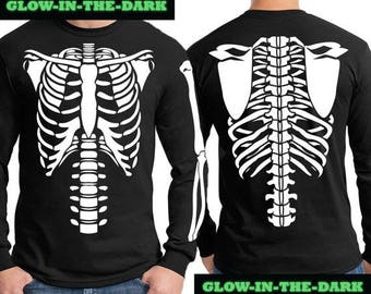 Skeleton Halloween Costume Long Sleeve Shirt Glow-in-the-Dark. Adult and Kid Sizes.