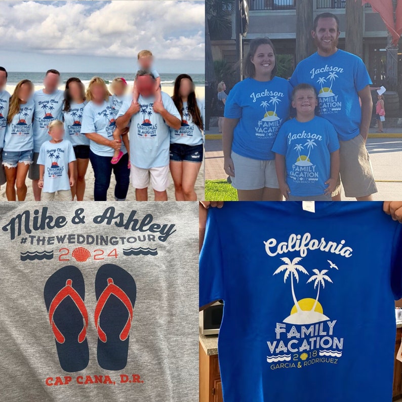 May include: A group of people wearing light blue t-shirts with the text "Christmas in August" printed on them. The shirts are a light blue color and have a white print. The people are standing on a beach. There are two other t-shirts in the image, one gray with the text "Mike & Ashley #TheWeddingTour 2024" and the other blue with the text "California Family Vacation 2018 Garcia & Rodriguez".