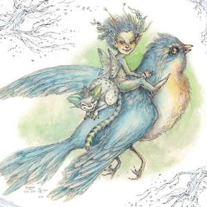 Bird & Faerie Art Print - Peacock Art - Bluebird - Faeries - Whimsy Birds Art Print Reproductions by Paulina Fae